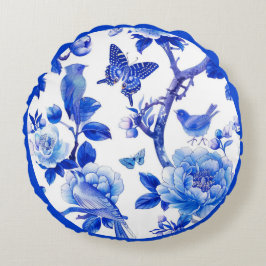 Blauw en Wit Bloemige Schoonheid Rond Kussen