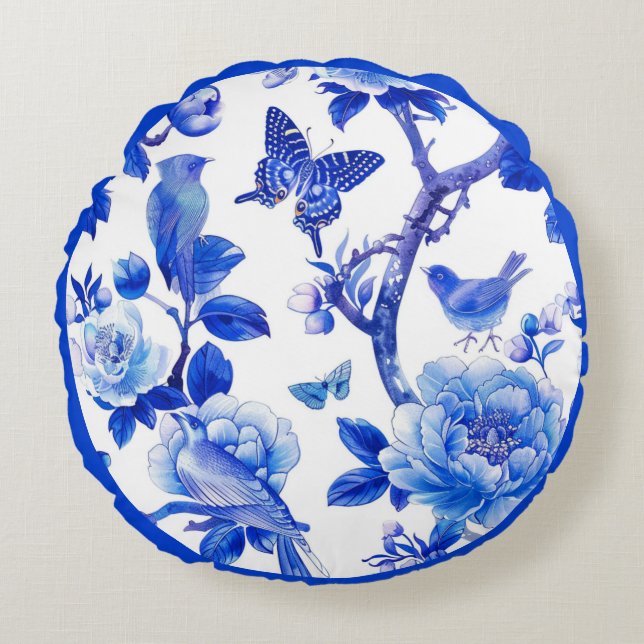 Blauw en Wit Bloemige Schoonheid Rond Kussen (Voorkant)