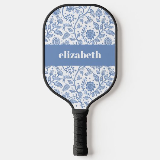 Blauw en wit bloemmotief Aangepaste naam Botanisch Pickleball Paddle (Voorkant)