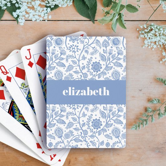 Blauw en Wit Bloemmotief Aangepaste Naam Botanisch Pokerkaarten