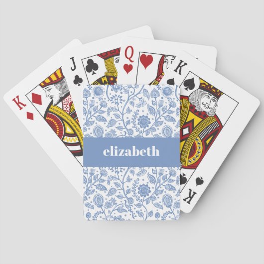 Blauw en Wit Bloemmotief Aangepaste Naam Botanisch Pokerkaarten (Achterkant)