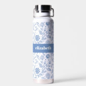 Blauw en Wit Bloemmotief Aangepaste Naam Botanisch Waterfles (Achterkant)
