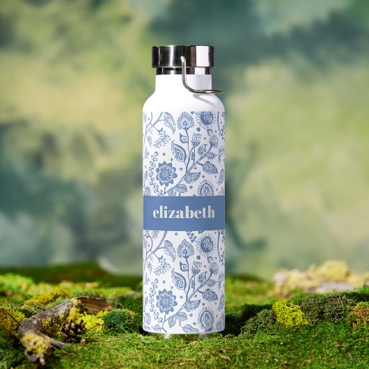 Blauw en Wit Bloemmotief Aangepaste Naam Botanisch Waterfles (Buiten (Gedraaid) )