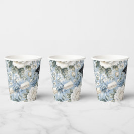 Blauw en wit bloemmotief afstudeerfeest papieren b bekers