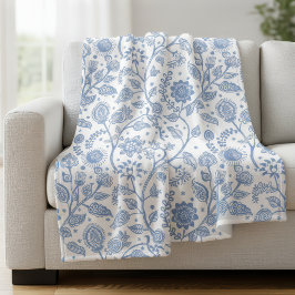 Blauw en wit bloemmotief botanische boho chic fleece deken