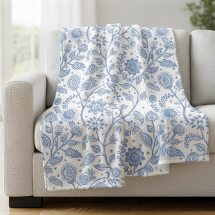 Blauw en wit bloemmotief botanische boho chic fleece deken