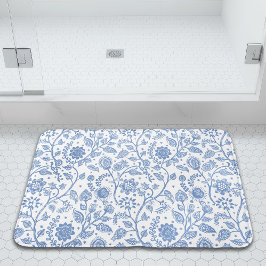 Blauw en wit bloemmotief botanische fantasie badmat