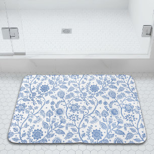 Blauw en wit bloemmotief botanische fantasie badmat