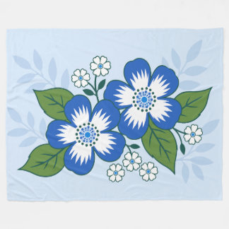 Blauw en wit bloemmotief botanische illustratie fleece deken