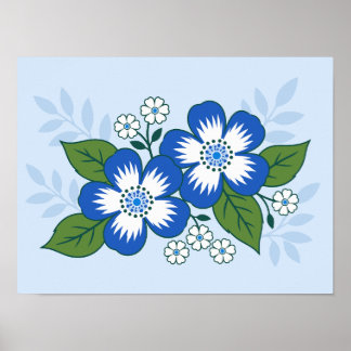 Blauw en wit bloemmotief botanische illustratie poster