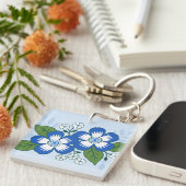 Blauw en wit bloemmotief botanische illustratie sleutelhanger (Voorkant Rechts)