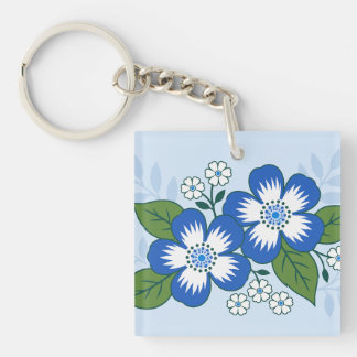 Blauw en wit bloemmotief botanische illustratie sleutelhanger