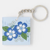 Blauw en wit bloemmotief botanische illustratie sleutelhanger (Achterkant)
