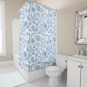 Blauw en wit bloemmotief botanische patroon whimsi douchegordijn