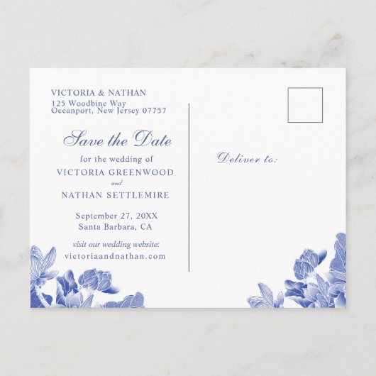 Blauw en wit bloemmotief Chinoiserie bewaar de dat Briefkaart (Achterkant)