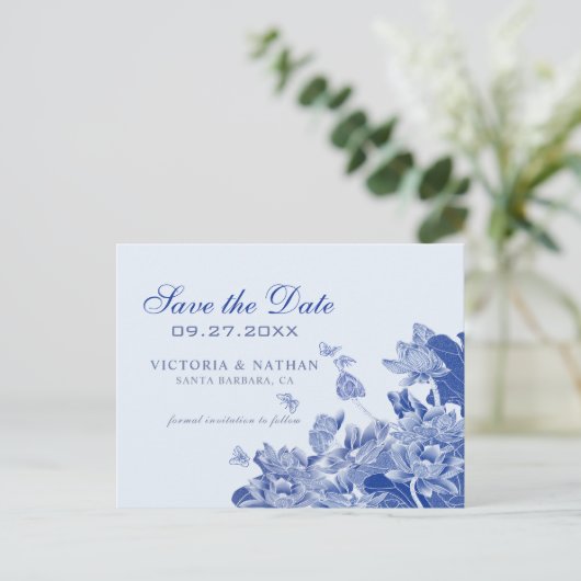 Blauw en wit bloemmotief Chinoiserie bewaar de dat Briefkaart (Staand voorkant)