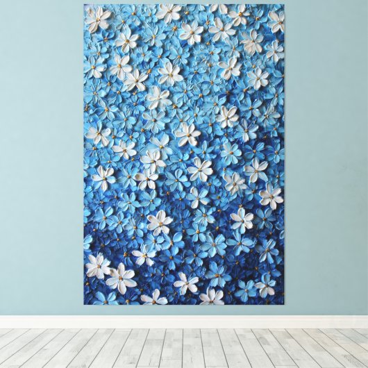 Blauw en wit bloemmotief gestructureerde abstracte canvas afdruk (Insitu (Houten vloer))