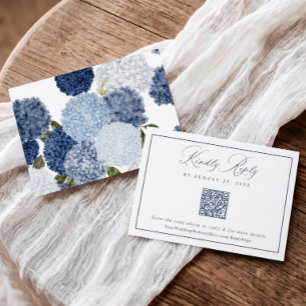 Blauw en wit bloemmotief Hortensia Huwelijks QR-co RSVP Kaartje