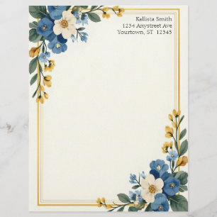 Blauw en Wit Bloemmotief in de Hoeken Briefpapier Briefhoofd