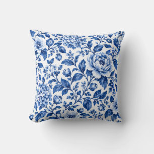 Blauw en wit bloemmotief kussen