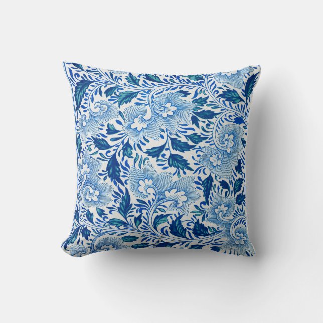 Blauw en wit bloemmotief kussen (Voorkant)