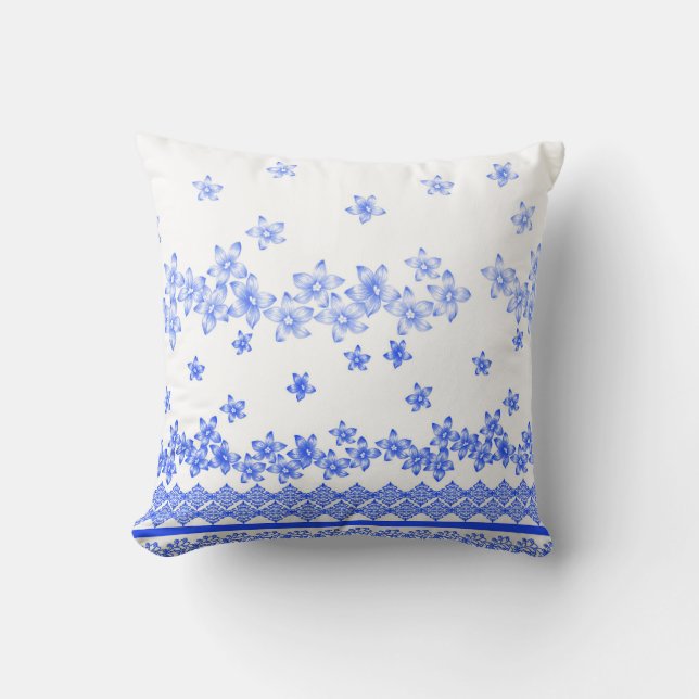 Blauw en wit bloemmotief, kussen (Voorkant)