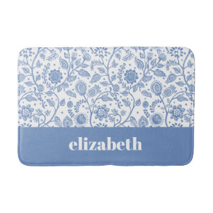 Blauw en Wit Bloemmotief Met Aangepaste Naam Botan Badmat