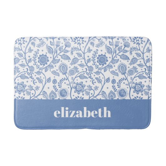 Blauw en Wit Bloemmotief Met Aangepaste Naam Botan Badmat (Voorkant)