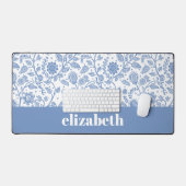 Blauw en Wit Bloemmotief Met Aangepaste Naam Botan Bureaumat (Keyboard & Muis)
