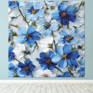Blauw en Wit Bloemmotief Olie Abstracte Wandkunst Canvas Afdruk