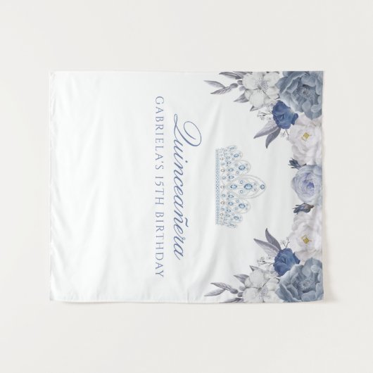 Blauw en wit bloemmotief | Quinceanera achtergrond Wandkleed (Voorkant (horizontaal))