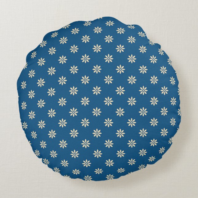 Blauw en wit bloemmotief  rond kussen (Achterkant)