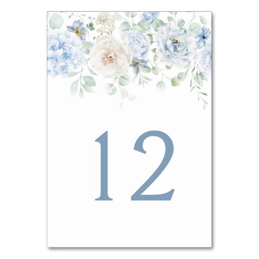Blauw en wit bloemmotief tafel nummers kaart (Voorkant)