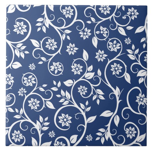 blauw en wit bloemmotief tegeltje (Voorkant)