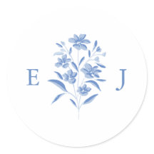 Blauw en wit bloemmotief trouwmonogramsticker