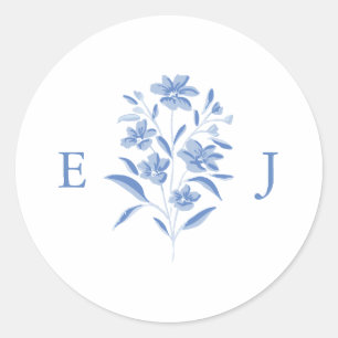 Blauw en wit bloemmotief trouwmonogramsticker ronde sticker