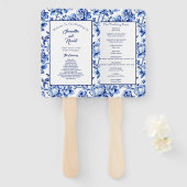 Blauw en wit bloemmotief trouwprogramma handwaaier (Voorkant en achterkant)