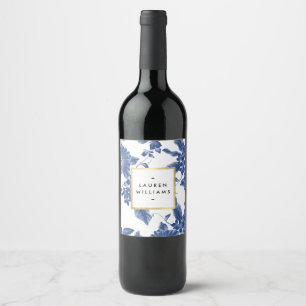 Blauw en wit bloemmotief uit het verleden wijn etiket