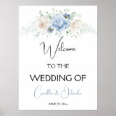 Blauw en wit bloemmotief Welkom op onze bruiloft Poster (Voorkant)