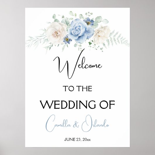 Blauw en wit bloemmotief Welkom op onze bruiloft Poster (Voorkant)