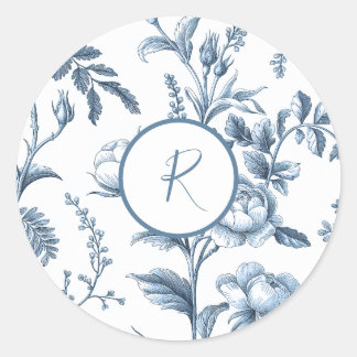 Blauw en wit bloemontwerp ronde sticker