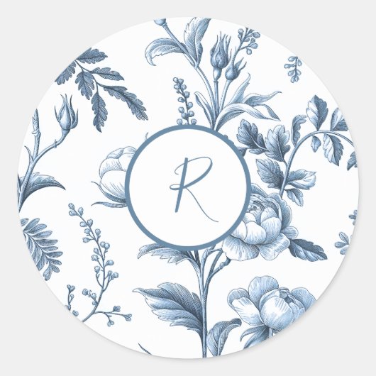 Blauw en wit bloemontwerp ronde sticker (Voorkant)