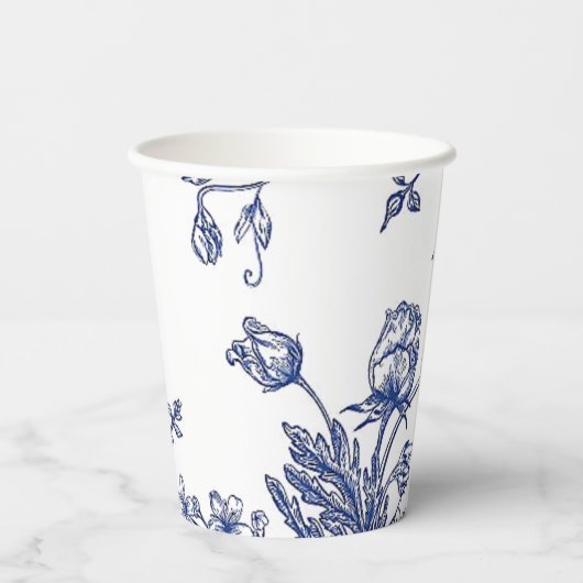 Blauw en wit bloempapier kopjes papieren bekers (Achterkant)