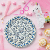  blauw en wit bloempatroon papieren bordje (Feest)