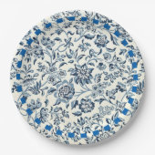  blauw en wit bloempatroon papieren bordje (Voorkant)