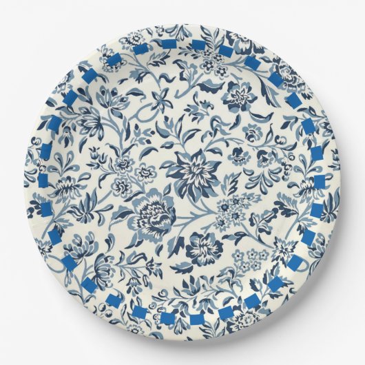  blauw en wit bloempatroon papieren bordje (Voorkant)