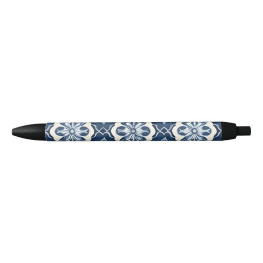 Blauw en wit bloempatroon zwarte inkt pen (Voorkant)