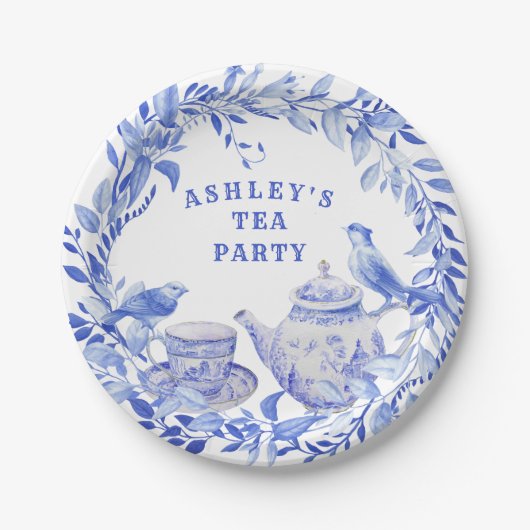 Blauw en wit bloempot met vogels papieren bordje (Voorkant)