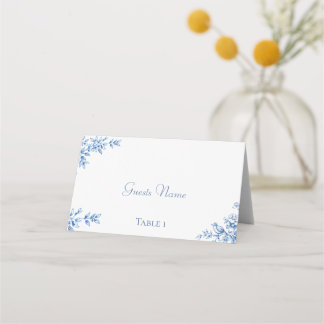Blauw en Wit Bloemstuk Bruiloft Plaatskarten Plaatskaartje