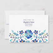 Blauw en Wit Bloemstuk Bruiloft RSVP Kaart (Achterkant)